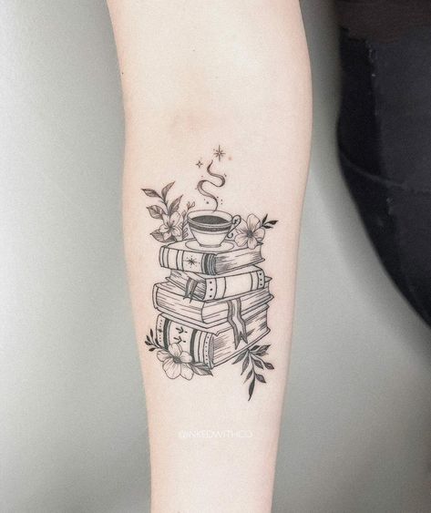 101 Best Stack of Books Tattoo Ideas That Will Blow Your Mind! 6 Outsons Books Tattoo Ideas, Stack Of Books Tattoo, Small Book Tattoo, Bookworm Tattoo, Books Tattoo, Tea Tattoo, Bookish Tattoos, Nerd Tattoo, Crystal Tattoo