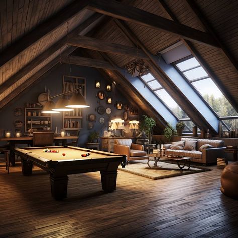 31 Game Room Ideas: For Basement, Garage and Small Rooms Living Room With Pool Table Ideas, Small Loft Hangout Space, Attic Pool Table Room, Garage Bonus Room Ideas Layout, Game Room Above Garage, Game Room At Home, Upstairs Loft Game Room Ideas, Home Safe Room Ideas, Home Game Room Ideas Cozy