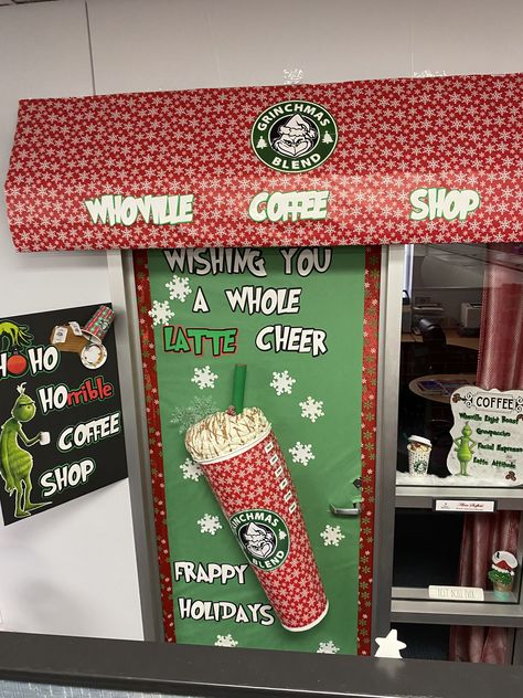 Starbucks Holiday Decorations, Winning Christmas Door Decorating Contest, Starbucks Christmas Door Decoration, Hot Cocoa Door Decoration, Starbucks Door Decoration, Hot Cocoa Door Decorations For School, Hot Chocolate Door Decoration, Holiday Door Decorations For School, Carnival Preschool