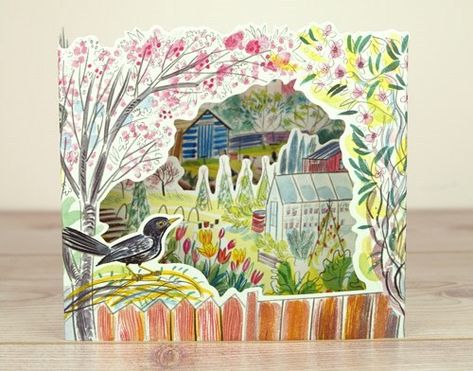 'Blackbird' 3D Card by Emily Sutton (A728) * Emily Sutton, Tunnel Book, Garden Stand, Paper Illustration, Blackbird, Kirigami, Artist Books, Paper Collage, Greetings Card