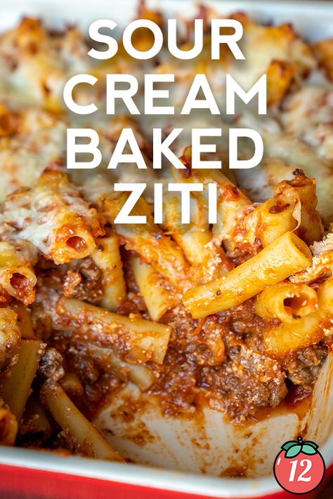 Sour Cream Baked Ziti | 12 Tomatoes Baked Ziti Sour Cream, Baked Ziti With Sour Cream, Ziti Pasta, Food Doodles, One Pot Dinners, 12 Tomatoes, Baked Ziti, Canned Tomato Sauce, Noodle Recipes