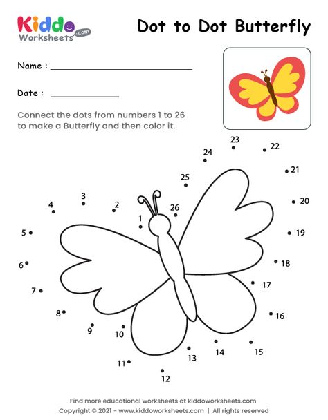 Free Printable Dot to Dot Butterfly Worksheet - kiddoworksheets Join The Numbers Worksheets, Join Dots Worksheets, Butterfly Dot To Dot, Join The Dots Worksheets For Kids, Butterfly Worksheets Preschool, Joining Dots, Butterfly Worksheet, Focus Activities, Dot Drawing