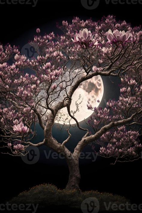 Magnolia tree full of magnoliaLittle moon. Generative Ai. Magnolia Tree Drawing, Magnolia Tree Painting, White Magnolia Tree, Chinese Magnolia, Japanese Magnolia, Vector Animation, Magnolia Tree, Fall Semester, Year Of The Snake