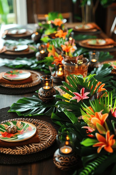 dark colorful tropical tablescape Tropical Tablescape, Tropical Table, Tropical Centerpieces, The Olive Branch, Tropical Glam, Tropical Wedding Decor, Setting Inspiration, Picnic Theme, Themed Dinner