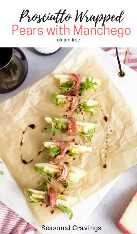 The holidays are getting closer and it's time to entertain!  These Prosciutto Wrapped Pears with Manchego are easy to make when last minutes guests arrive.  They are two bites of sweet and savory heaven! #AD #glutenfree #appetizer #thanksgiving #christmas #beaujolais #pears #manchego via @discoverbojo #discoverbeaujolais Pears And Prosciutto, Prosciutto Wrapped Pears, Appetizer Thanksgiving, Cravings Recipes, Dairy Foods, Jazz Party, Gluten Free Puff Pastry, Prosciutto Wrapped, Sliced Pears