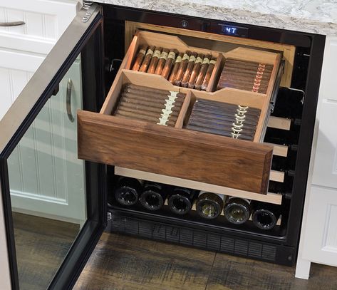 Wine Fridge With Cigar Humidor Diy Wine Rack Design, Wine Rack Inspiration, Wine Rack Ideas, Zigarren Lounges, Wine Rack Projects, Wine Fridges, Whiskey Room, Wine Rack Design, Home Bar Rooms