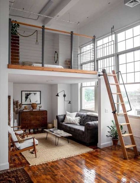 The Ultimate Guide to Mezzanine Bedrooms with Design Tips and Ideas Small Loft Spaces, Loft Studio Apartment, Build A Loft Bed, Apartemen Studio, Small Loft, Loft Studio, Small Apartment Design, Loft Interiors, Apartment Budget