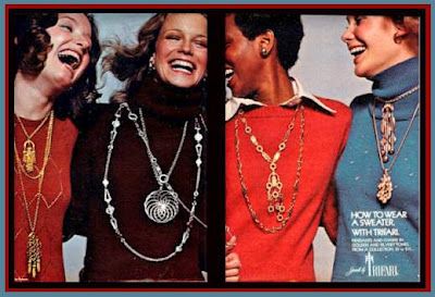 1974 Trifari Ad with Shelley (Hack) ad shows "how to wear a sweater with Trifari" Shelley Hack, C Ring, 1970s Jewelry, 70s Jewelry, Fashion 1970s, Sweater Necklace, Winter Jewelry, Vintage Jewelry Sets, Trifari Jewelry