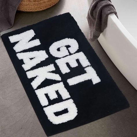 PRICES MAY VARY. ✩ 【Premium Material】– The get naked bath mat is made of thick and high quality microfiber, which is soft to the touch, water absorbent and protects your floor from dripping water. ✩ 【Funny Bath Mat】– This funny bath mat has white letters "Get Naked", the tufted text design keeps this cute bath mat looking and feeling great, even with repeated use. Also adds great fun to your home and bathroom decor. ✩ 【Ideal Size and Non Slip Backing】– Bath Mat: 20" W x 31.5" L, which is an idea Black Bath Rug, Black Bathroom Rug, Funny Bath Mat, Black Bath Mat, Htv Shirts, Black Bathroom Decor, Dripping Water, Cute Bath Mats