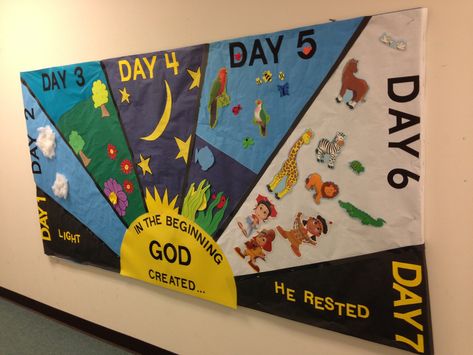 Bible Class Decorating Ideas, Creation Bulletin Boards Preschool, Creation Bible Class Decor, Nursery Bible Class Ideas, Gods Creation Bulletin Board Ideas, Days Of Creation Diorama, Genesis Bulletin Board Ideas, Days Of Creation Bulletin Board Ideas, Bible Theme Classroom