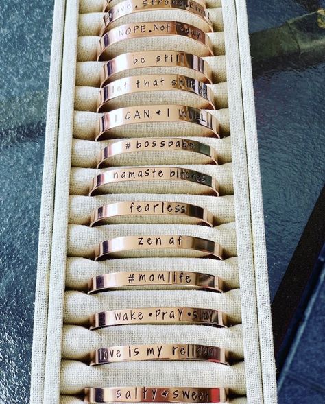 Stamped Cuff Bracelets, Hand Stamped Bracelets, Stamped Bracelet Ideas, Impressart Bracelets, Engraved Jewelry Ideas, Stamped Bracelets, Metal Stamped Bracelet, Impress Art, Cowhide Decor