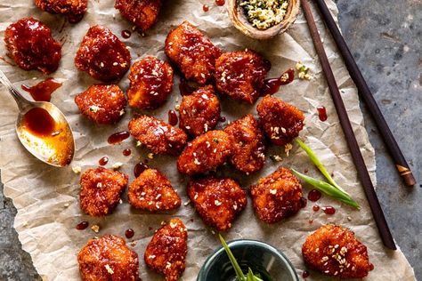 Oven Fried Korean Popcorn Chicken | halfbakedharvest.com #chicken #koreanrecipes #easyrecipes #dinnerrecipes Korean Style Fried Chicken, Stir Fried Veggies, Fried Veggies, Half Baked Harvest Recipes, Homemade Dumplings, Food Carts, Oven Fried, Oven Fried Chicken, Chicken With Olives