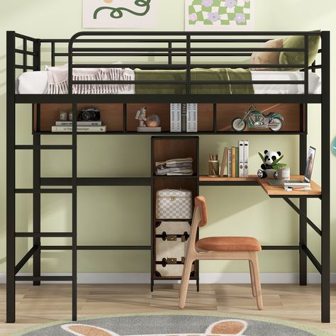 Features: [Sturdy Construction] Constructed of metal+MDF, this loft bed features a sturdy high quality metal construction for durability and high load capacity, ensuring longevity. Desk And Shelves, Wood Loft Bed, Small Storage Cabinet, Loft Bed Frame, Twin Size Loft Bed, Metal Bunk Beds, Bed Desk, Bed Slats, L Shaped Desk