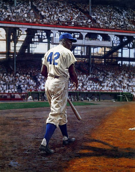 Jackie Robinson pictured in 1949 by artist Graig Kreindler, my son's favorite artist. Jack says "behind him the world is dark and shadowy, but it gets brighter with each step he takes"-Jack Caldwell   11yrs old Dodgers Fan, Baseball Art, Baseball Stadium, Jackie Robinson, Dodgers Baseball, Base Ball, Sports Hero, Sports Pictures, Sports Stars