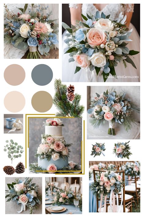 The color palette evokes a sense of refinement and sophistication, featuring soft blush pinks, delicate Wedgewood blues, and creamy ivory blooms. These beautiful florals are intricately arranged with lush evergreens, adding a wintery touch of natural charm. Accents of soft creams and rich greenery create a breathtaking, ethereal aesthetic that feels straight out of a Bridgerton ballroom. #customweddingflowers #silkweddingbouquet #bridalbouquetforchristmaswedding #christmasweddingflowers Bridgerton Flowers Aesthetic, Bridgerton Ballroom, Fairytale Wedding Aesthetic, Flower Mood Board, Bridgerton Wedding Aesthetic, Bridgerton Wedding Theme, Bridgerton Themed Wedding, Boho Chic Bouquet, Bridgerton Theme