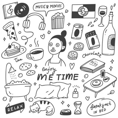 Me time concept doodle illustration Prem... | Premium Vector #Freepik #vector #food #music #cake #pizza Time Illustration, Time Concept, Doodle Art For Beginners, Illustration Doodle, Vector Food, Sketch Notes, Easy Doodle Art, Little Doodles, Doodle Illustration