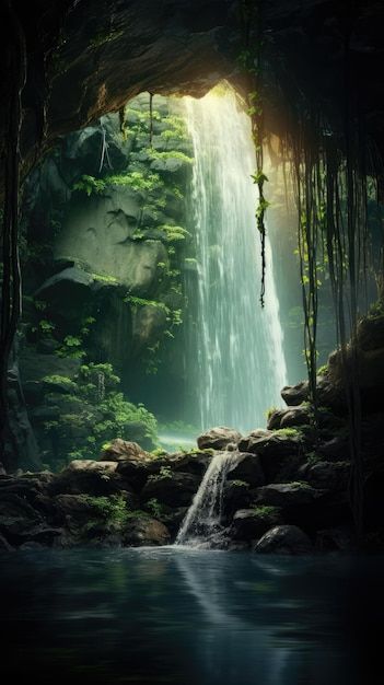 Enchanting waterfall emerging from a hidden cave wallpaper for the phone Dark Waterfall, Fantasy Waterfall, Waterfall Cave, Cave Wallpaper, Dream Inspiration, Nature Tattoo Sleeve, Waterfall Wallpaper, Waterfall Paintings, Tropical Painting