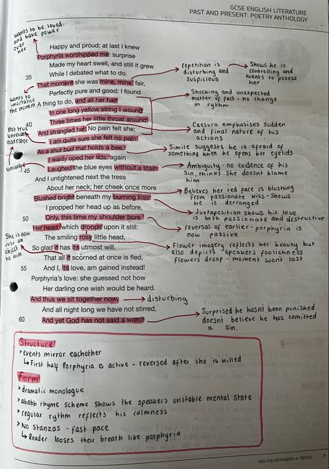 aqa english literature gcse - Love and relationships poetry | ‘Porphyria’s Lover’ analysis and annotations #gcse #english #poetry #study #studymotivation #notes Porphyrias Lover, Porphyrias Lover Analysis, Gcse English Literature Poetry Love And Relationships, Gcse Poems Love And Relationships, Love And Relationships Poetry Gcse Aqa, Love And Relationships Poetry Gcse, Gcse Poetry Anthology, English Literature Poems, Relationship Poetry