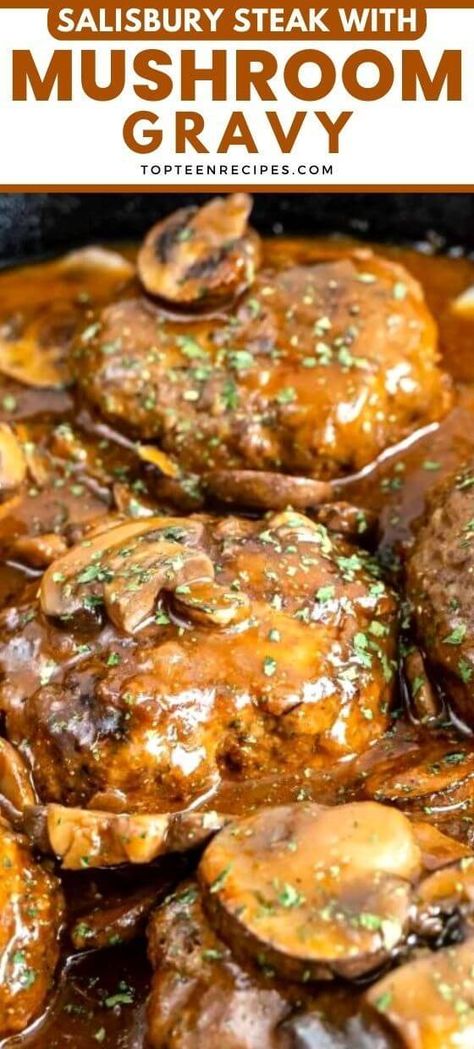 Salisbury Steak with Mushroom Gravy - Top Recipes Ground Chuck Recipes Dinners, Ground Chuck Recipes, Beef Chunks Recipes, Best Salisbury Steak Recipe, Salisbury Steak With Mushroom Gravy, Steak With Mushroom Gravy, Beef Patties Recipes, Homemade Salisbury Steak, Salisbury Steak Recipe