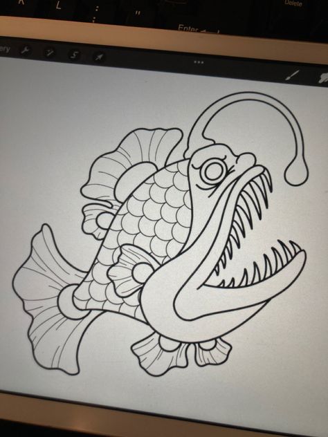 Fish Flash Tattoo, Anglerfish Drawing, Angler Fish Drawing, Fish Line Drawing, Bugs Cartoon, Angler Fish Art, Angler Fish Tattoo, Filler Tattoos, Bone Drawing