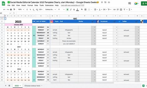 2023 Social Media Editorial Calendar for Your Small Business, Freelance Client or Personal Brand — with Free Google Sheets Template | by Gracia Kleijnen | Google Sheets Geeks | Medium Social Media Content Calendar Template, Instagram Content Calendar, Editorial Calendar Template, Blog Content Calendar, Social Media Calendar Template, Marketing Calendar Template, Budget Spreadsheet Template, Content Calendar Template, Social Media Content Planner