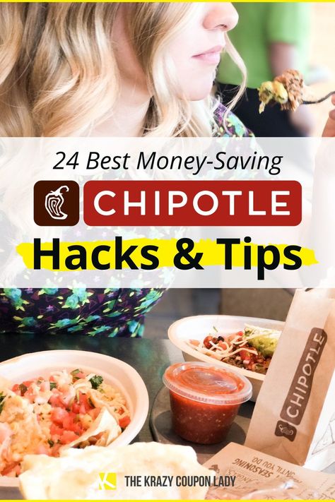 You need Chipotle hacks and money-saving tips, don't you? We love Chipotle — the burritos, the tacos, the guac, and we know you’re gonna eat at Chipotle whether you pay full price or not. Because, burritos. But we’ll help you hack your way into saving on your next Chipotle order. More savings = more burritos. And free guac wouldn’t hurt, either. Follow The Krazy Coupon Lady for more restaurant hacks, tips, and coupons. Chipotle Hacks Tips, Chipotle Meal Prep Hack, Chipotle Hacks, Chipotle Catering, Chipotle Guac, Restaurant Hacks, Chipotle Menu, Chipotle Order, Chipotle Tacos