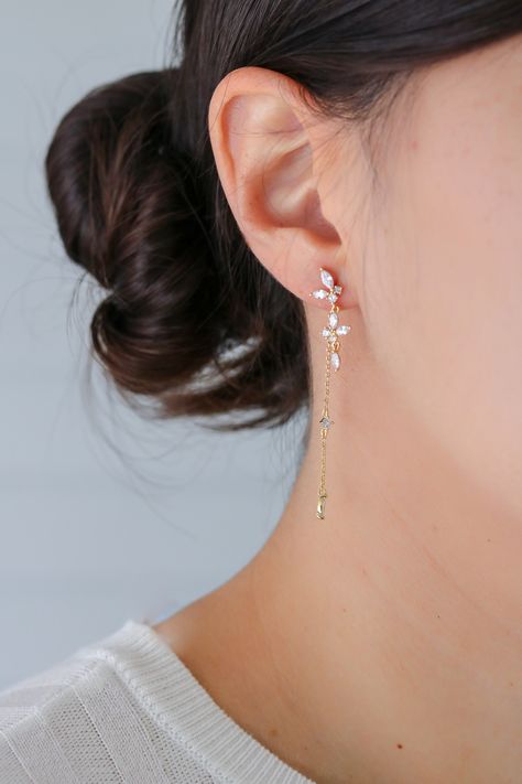 The Sachi Earrings feature a chic array of hanging, marquise and circle crystals. The backings are also finished with a long chain and crystals. Main material:   - 16k Gold/ Rose Gold/ Rhodium Plated, Brass - 92.5 Sterling Silver Post  - Nickel-Free and Lead-Free - Front Length: 25mm  - Back Length: 60mm --------------------------------------------------- Instagram Follow us @statementgrey Bridesmaids Earrings, Wedding Earrings, Pretty Earrings, Bridal Earrings, Bridal Jewelry, Bridesmaids Gifts Earring Jacket, Earring Bridal, Prom Gift, Dangle Earrings Wedding, Prom Earrings, Prom Jewelry, Gold Earrings Designs, Trendy Earrings, Hanging Earrings