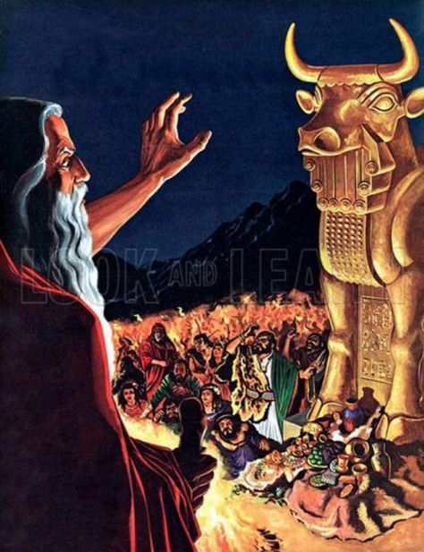 Worship of the golden calf.-Exodus 32:1-6                             Whereupon the king took counsel, and made two calves of gold, and said unto them, It is too much for you to go up to Jerusalem: behold thy gods, O Israel, which brought thee up out of the land of Egypt. And he set the one in Beth–el, and the other put he in Dan. (‭1 Kings‬ ‭12‬:‭28-29‬ KJV) The Golden Calf, Exodus 32, Golden Calf, Jesus Christ Quotes, Bible Images, Bible Illustrations, Bible History, Bible Characters, Bible Pictures