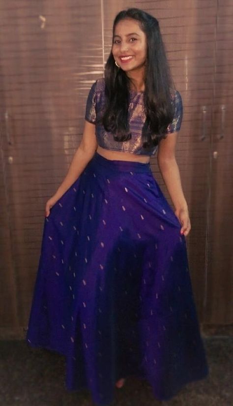 An old silk saree made into a skirt and crop top. Silk Skirt Top Indian Outfit, Lehenga From Old Silk Saree, Silk Saree Into Lehenga, One Piece Dress Design From Saree, Crop Top Lehenga From Old Saree, Traditional Dresses From Old Saree, Saree To Crop Top Convert, Ghagra From Old Saree, Skirt And Crop Top From Old Saree