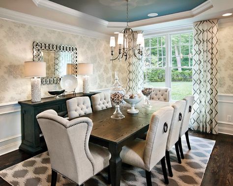 Classic Dining Room Decor, Traditional Dining Room Decor, Transitional Dining Room Decor, Dining Room Built In Cabinets, Transitional Style Dining Room, Dining Room Transitional, Dining Room Bay Window, Neutral Dining Room Decor, Remodel Dining Room