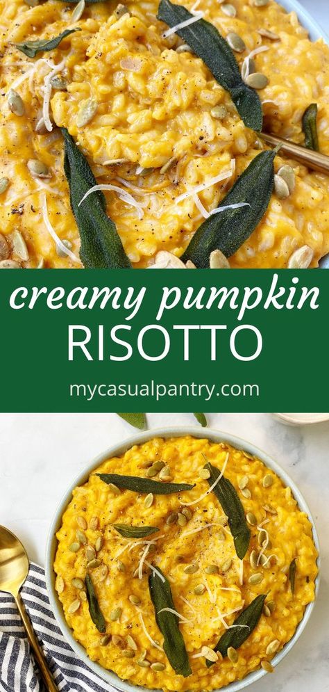 Pumpkin and Sage Risotto - this creamy rice dish gets a fall twist with the addition of pumpkin and warm sage.  A wonderful Autumn side dish or a delicious addition to your holiday menu. Pumpkin Risotto Recipes, Sage Risotto, Risotto Dishes, Pumpkin Risotto, Autumn Side Dishes, Meat Free Recipes, Creamy Rice, Vegetarian Main Dishes, Rice Dish