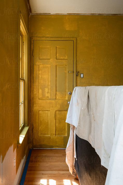 Process photo of room being painted a deep ochre yellow Painting Rooms, Hand Photography, Ochre Yellow, Yellow Room, Room Painting, Yellow Wall, Yellow Ochre, Yellow Walls, Walls Room