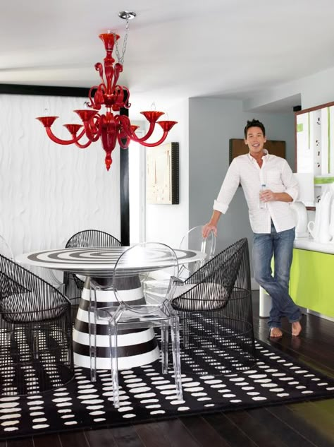 David Bromstad, Miami Condo, Interior Design Art, White Decor, Bold Color, Modern Dining Room, Modern Retro, Dining Room Decor, House Tours