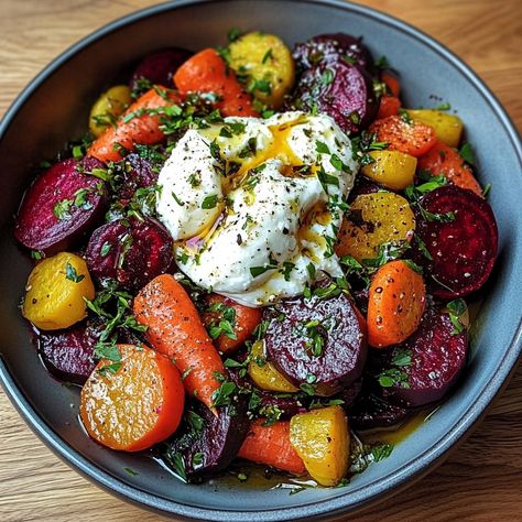 Vibrant Roasted Beets & Carrots with Creamy Burrata Salad Golden Beets Recipe, Carrots Salad, Roasted Beets And Carrots, Beets Carrots, Carrots Side Dish, Thanksgiving Vegetables, Beet Salad Recipes, Roasted Beet Salad, Burrata Salad