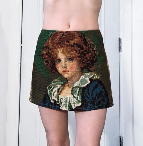 Kristin Mallison on Instagram: "Everything on my website is now 15% off - link in bio ✨🥂 Includes this new mini skirt made from a vintage needlepoint portrait. X 💋 . . . . . #needlepoint #miniskirt #portrait #renaissance #painting #classicalpainting #baroque #baroqueportrait #portraitpainting #embroidery #vintage #wool #tapestry #skirt #embroidered #kristinmallison" Kristin Mallison, Baroque Portrait, Tapestry Skirt, Fashion Girlies, Baroque Era, Floral Upholstery Fabric, Wool Tapestry, Floral Upholstery, Embroidery Vintage