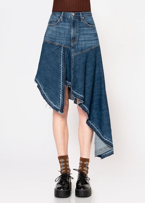 Women's asymmetric released hem denim skirt inÂ Houston wash. This skirt pairs the classic denim look with a modern twist. The asymmetrical hem and high-rise waist make it essential for any wardrobe. The model is 5' 10" wearing size 26. Approx. Front length: 20.75" Back length: 23" Sweep: 125"100% Cotton Made in USA Fits true to size. Asymmetrical Denim Skirt, Upcycled Denim Fashion, Reworked Skirt, Zara 2022, Jeans Art, Denim Refashion, Denim Crafts, Upcycled Fashion, Jeans Diy