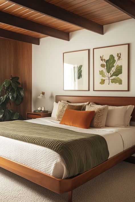 ♥ Seeking bedroom inspiration? Dive into the cozy and inviting world of this Mid Century Modern Bedroom with its warm colors and boho decor. Get ideas for your own bedroom refresh with minimalist furniture and a touch of 70s interior design. Perfect for creating a relaxing and stylish space! 🛏️✨ #MidCenturyModern #BedroomDesign #HomeDecor #BohoStyle #CozyBedroom #InteriorDesignIdeas Midcentury Bed Frame, Mid Century Guest Room, Mid Century Modern Primary Bedroom, Mid Century Modern Apartment Bedroom, Midcentury Bedding, 70s Inspired Interior Design, Square Room Ideas Bedrooms, Cozy Mid Century Modern Bedroom, Mcm Bedroom Ideas