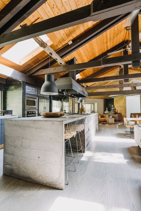 Polished Concrete Kitchen, Rustic Mid Century Modern, Concrete Kitchen Island, The Poconos, Industrial Kitchen Design, Mcm House, Concrete Countertops Kitchen, Modern Ranch, Concrete Kitchen