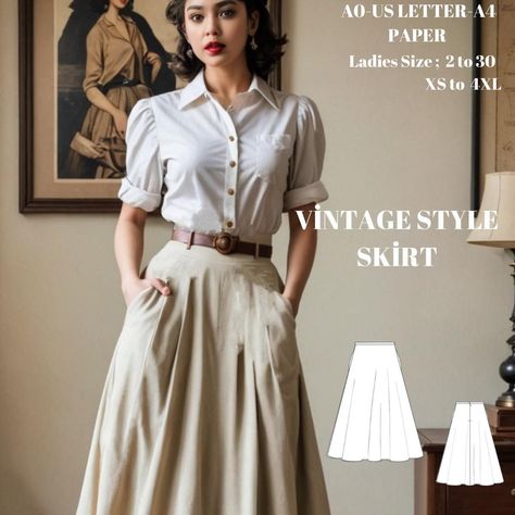 Cottagecore style  midi skirt available as an instant download (pdf) sewing pattern bundle with a range of size options, including plus sizes ; The belt image on the waist is an accessory. 💚US Sizes: 2, 4, 6, 8, 10, 12, 14, 16, 18, 20, 22, 24, 26, 28, 30 💚Standard Sizes: XS, S, M, L, XL, 2XL, 3XL, 4XL 💚These patterns are suitable for A4 and US Letter size papers. 💚Once your payment is processed, you will automatically receive download links for the pattern files. Please note that you can onl Sew Skirt With Pockets, Sew A Line Skirt, Diy Vintage Clothes, Sewing Vintage Clothes, Adjustable Skirt Pattern, Cottagecore Sewing Pattern, Clothing Patterns Sewing, Easy Skirt Pattern, Sewing Skirts Patterns