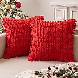 MIULEE Christmas Red Corduroy Decorative Throw Pillow Covers Pack of 2 Pom-pom Soft Boho Striped Pillow Covers Modern Farmhouse Home Decor for Sofa Living Room Couch Bed 18x18 Inch Christmas Couch Decor, Christmas Boho, Red Christmas Decor, Modern Farmhouse Home Decor, Modern Farmhouse Home, Picnic Wedding, Christmas Decorations Bedroom, Christmas Living Rooms, Throw Pillows Christmas