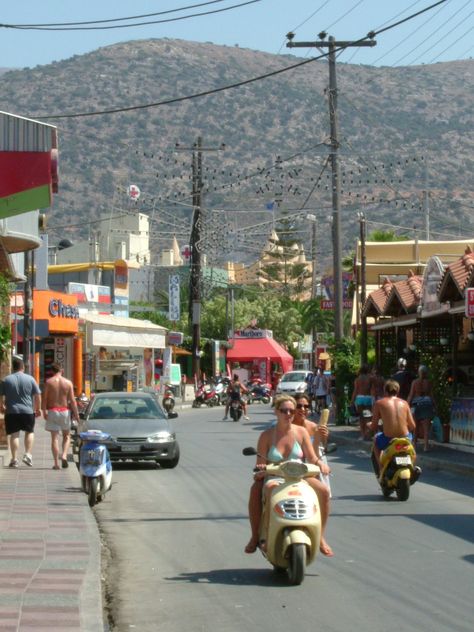 Malia Strip, Crete Malia Aesthetic, Crete Malia, Malia Greece, Malia Crete, Greece Holiday, Holiday Vibes, Beautiful Places On Earth, Greek Islands, Travel Inspo