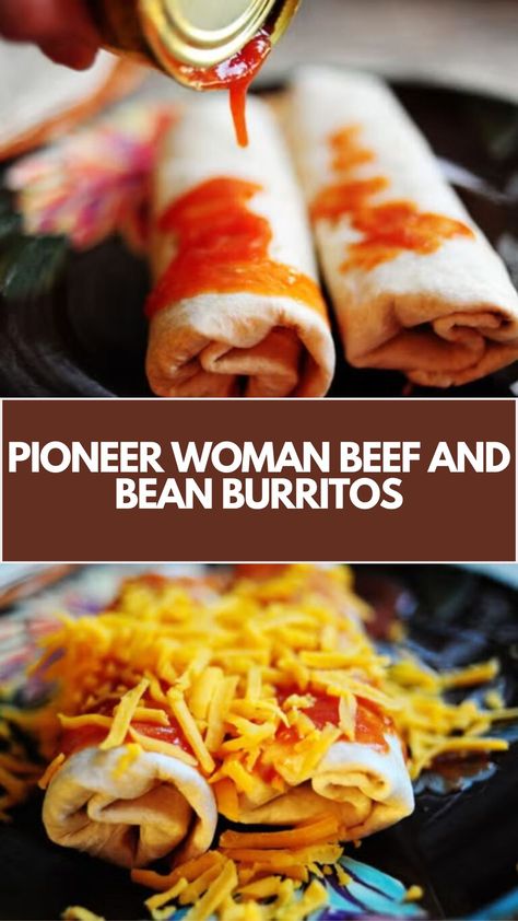 Pioneer Woman Beef And Bean Burritos are made with ground beef, onion, Mexican tomato sauce (or enchilada sauce), refried beans, cheddar cheese, and flour tortillas. This tasty burrito recipe creates a delicious dinner that takes about 16 minutes to prepare and can serve up to 6 people. Red Chili Burritos, Beef And Refried Bean Enchiladas, Burritos Beef Ground, Smothered Burritos Beef, Wet Burrito Recipe Ground Beef, Beef Burrito Recipes, Mexican Tomato Sauce, Dinner Burritos, Wet Burrito Recipes