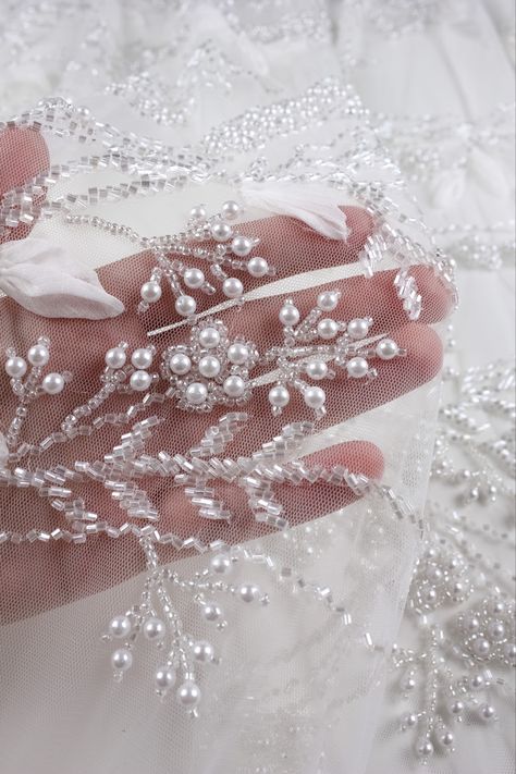 Pearls, seed beads and sequin ✨ What's not to love about this @hautecouturelace custom lace design? Did you know we hand craft all our lace for the most intricate detail! #embroidery #beadedtulle #handbeaded #couturelace White Lace Embroidery, Beaded Embroidery Designs, Pearl Embroidery Dress, Stone Embroidery Design, Pearl Embroidery Designs, White Embroidery Designs, Banarasi Lengha, Embroidery Haute Couture, Pearl Beaded Dress