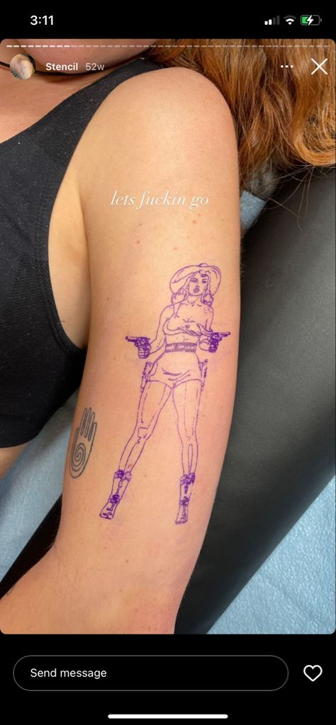 Realistic Cowgirl Tattoo, Pinup Woman Tattoo, Fine Line Pinup Tattoo, Pinup Style Tattoo, Barbie Pinup Tattoo, Cowgirl Gunslinger Tattoo, Pinup Tattoo Placement, Cowboy Pinup Tattoo, Cowgirl Horse Tattoo