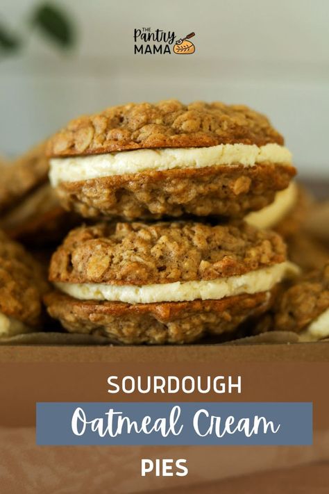 Delicious sourdough oatmeal cream pies made using sourdough starter and rolled oats, sandwiched together with a fluffy vanilla cream filling. Discard Oatmeal Cream Pies, Thanksgiving Sourdough Dessert Recipes, Sour Dough Dessert Easy, Sourdough Discard Oatmeal Cream Pies, Sourdough Oatmeal Cream Pie, Dairy Free Sourdough Recipes, Sourdough Pastry Recipes, Quick Sourdough Discard Recipes Dessert, Sourdough Oatmeal Cookies