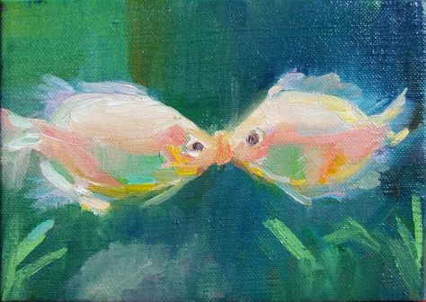 Fish Painting Aesthetic, Fish Pastel Drawing, Two Fish Kissing, Fish Oil Pastel, Fish Painting Easy, Fish Kissing, Crow And Raven, Pastel Fish, Heart Fish