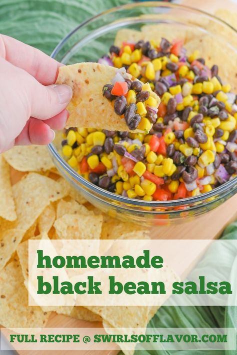 Homemade Black Bean Salsa is brimming with fresh flavors and guaranteed to be a crowd pleaser. Black beans, corn and fresh tomatoes combine with lime juice, cilantro and garlic in this homemade salsa recipe. Easy salsa recipe with black beans and corn. #cincodemayo #tacotuesday Recipes With Black Beans And Corn, Salsa Recipe Easy, Recipe With Black Beans, Corn And Black Bean Salsa, Easy Homemade Salsa Recipe, Black Bean Salsa Recipe, Bean Salsa Recipe, Black Bean And Corn Salsa, Fiesta Recipes