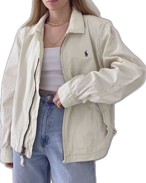 Polo Sport Outfits For Women, Windbreaker Jacket Aesthetic, How To Style Windbreaker, Polo Jacket Outfits Women, Polo Outfits For Women Aesthetic, Windbreaker Outfit 90s Aesthetic, Aesthetic Jackets Vintage, Wind Breaker Outfit Aesthetic, White Jacket Outfit Aesthetic