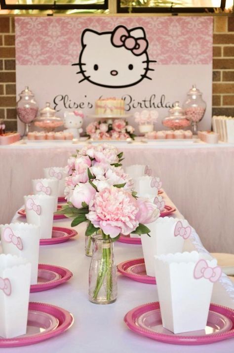 Pastel Pink Hello Kitty themed birthday party with lots of cute ideas via Kara's Party Ideas | KarasPartyIdeas.com #hellokitty #partyideas #... Hello Kitty Party Table Ideas, Hello Kitty Party Activities, Hello Kitty Centerpiece Ideas, Hello Kitty Birthday Party Ideas Decoration, Hello Kitty Baby Shower, Hello Kitty Birthday Theme, Planning A Birthday Party, Hello Kitty Theme Party, Images Hello Kitty