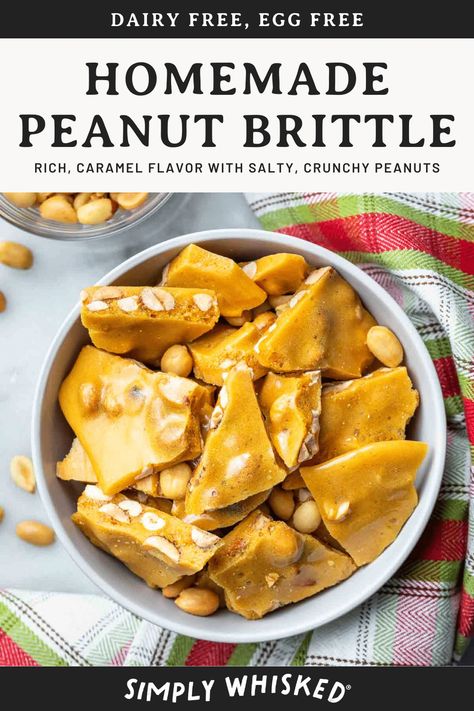 This homemade peanut brittle recipe is full of rich, caramel flavor and salty, crunchy peanuts. Plus, it's super easy to make it dairy free! Peanut Brittle Recipe Easy, Vegan Peanut Brittle, Candy Recipes Homemade Easy, Christmas Candy Recipes Homemade, Easy Peanut Brittle, Easy Peanut Brittle Recipe, Homemade Christmas Candy, Homemade Peanut Brittle, Easy Christmas Candy